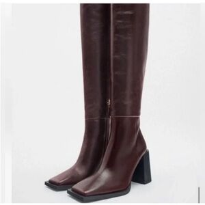 NWT ZARA OXBLOOD BURGUNDY LEATHER HEELED OVER THE KNEE RIDING BOOTS SZ36 US 5.5